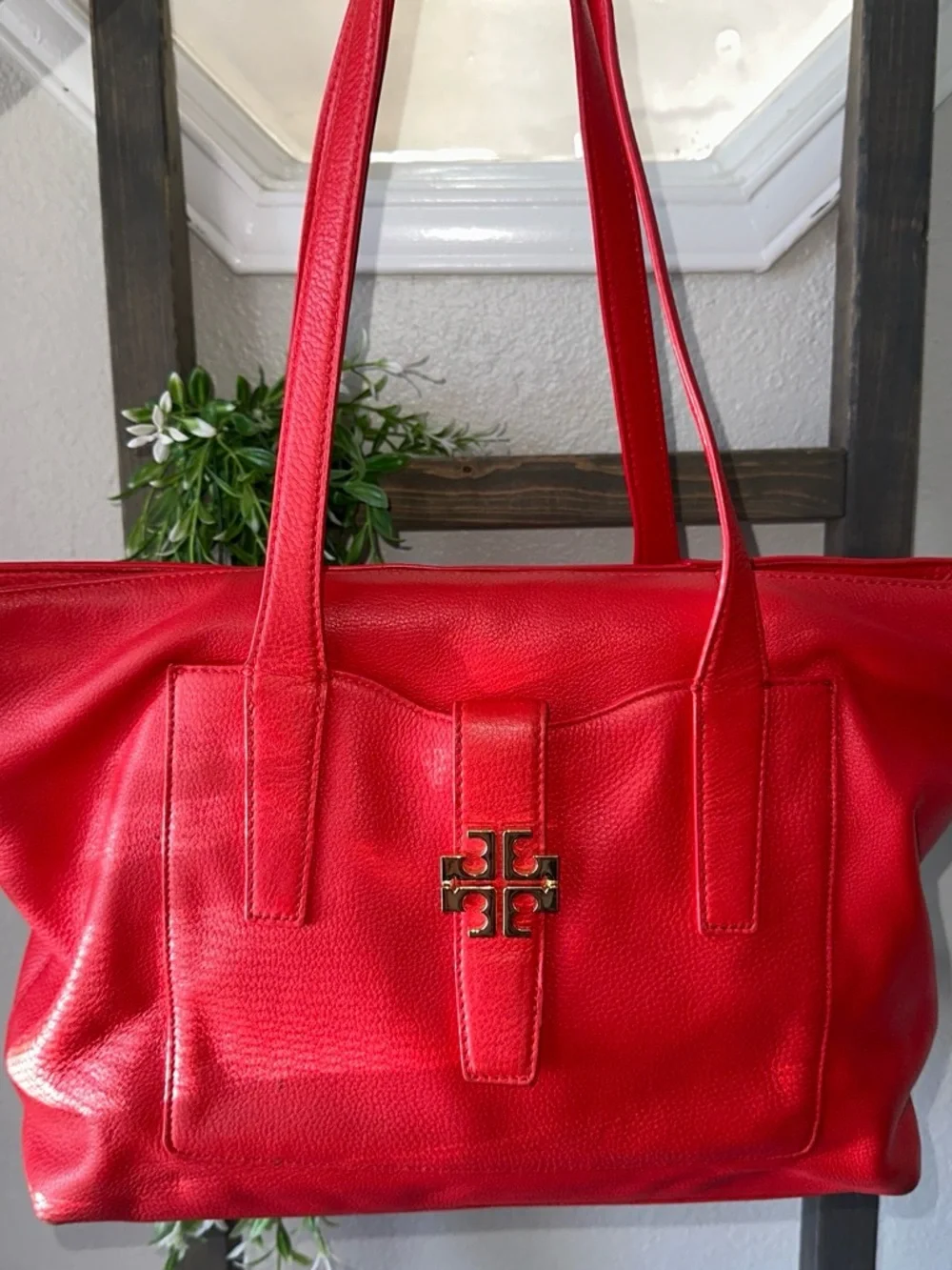 Tory Burch Red Leather Logo Tote